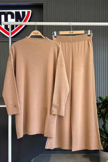 Bold Grup Mink Knitwear Women's Set - Ribbed Button Detailed, Hijab Pants Tunic