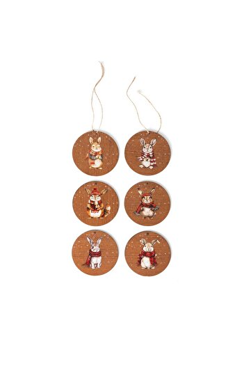 Anadolia Rabbit Patterned Wooden 6-Piece Tree Ornament