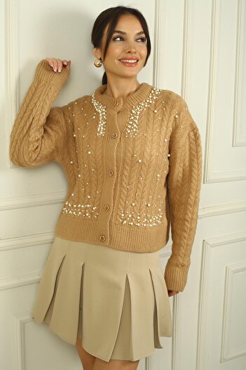 By Saygı Women's Front Buttoned Pearl Hair Braided Acrylic Cardigan