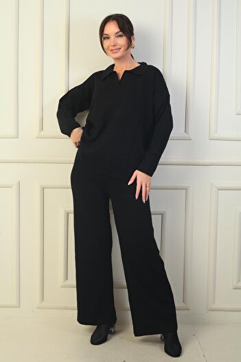 By Saygı Polo Neck Sweater Elastic Waist Palazzo Pants Knitwear Set of 2