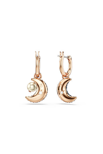 Swarovski Luna Damla Küpeler, Kristal Inci, Asimetrik Tasarım, Ay, Çok Renkli, Pembe Altın Rengi Kaplama