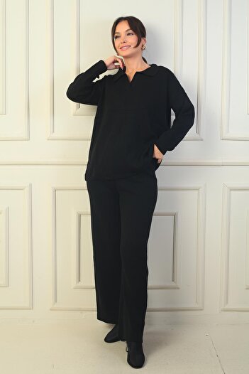 By Saygı Polo Neck Sweater Elastic Waist Palazzo Pants Knitwear Set of 2