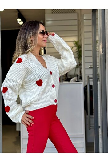 ROZELLA Heart Cardigan Ecru Color Red Heart Knitted Cardigan