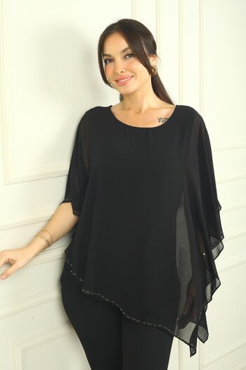 By Saygı Women's Top Chiffon Beaded Asymmetrical Blouse