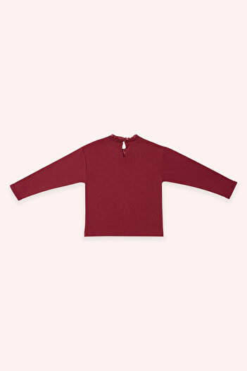 Panço Kız Çocuk Yakası Fırfır Detaylı Bordo Sweatshirt