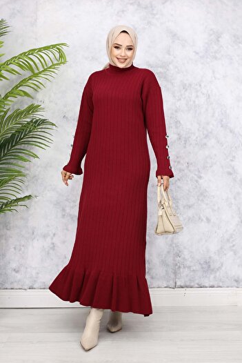 benguen Fırfırlı Triko Elbise Bordo 23009