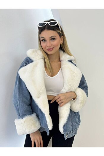 Lady Pixie Palton de damă din denim cu buzunar cu blană