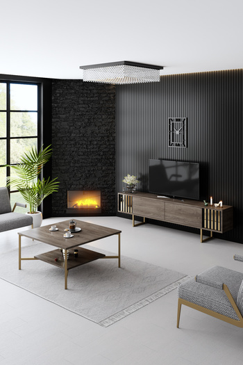 Modatte Gold Line Demir Ayaklı Ceviz Tv Sehpası