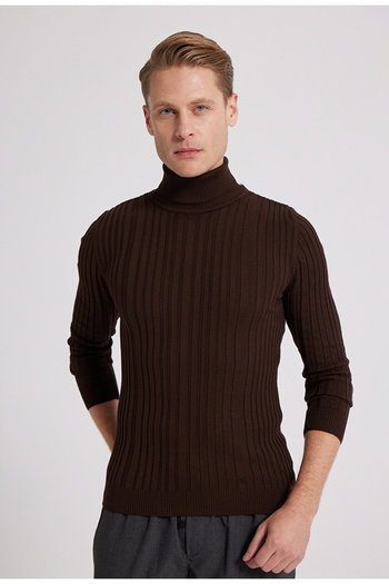 D'S Damat Ds Damat Slim Fit Brown Ribbed Cotton Blended High Neck Knitwear Sweater