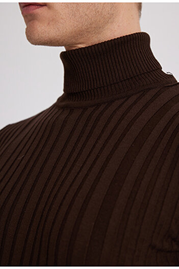 D'S Damat Ds Damat Slim Fit Brown Ribbed Cotton Blended High Neck Knitwear Sweater