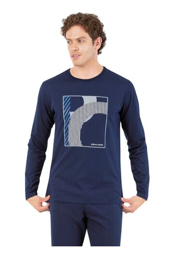 Pierre Cardin Men's Navy Blue Wide Fit Cotton Printed Front Pocket Pajamas Set