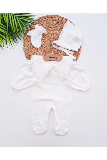 Jammybaby 100% Cotton Scalloped Lace Triangle Collar Jumpsuit for Baby Girl - Lore Hat Gloves Set