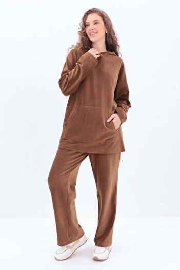 ALLDAY Light Brown Hooded Kangaroo Pocket Lycra Trousers Suit