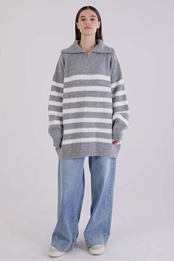 ALLDAY Grey-White Turtleneck Zippered Knitwear Sweater