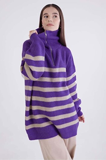 ALLDAY Purple-Stone-Fisherman's Collar Zippered Knitwear Sweater