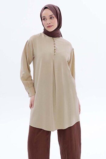 ALLDAY Beige-Hakim Collared Linen Tunic