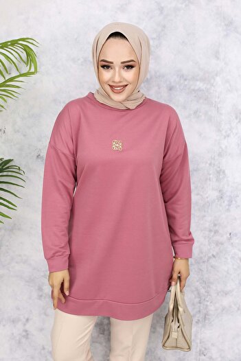 benguen 5034 Model Dusty Rose Brooch Detailed Tunic
