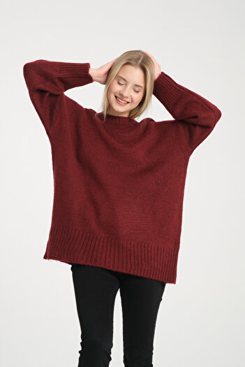 İLKCET MODA Oversize Basic Burgundy Long Women's Sweater