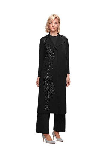 MISS DALIDA Black Stone Detailed Long Cardigan T25K-9011