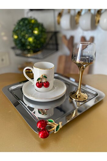 atabey home collection 2 ADET Kahve & Çay & Sunum Tepsisi Metal Döküm Gümüş Tepsi Kiraz Aksesuarlı