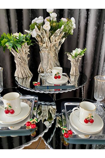 atabey home collection 6 ADET Kahve & Çay & Sunum Tepsisi Metal Döküm Gümüş Tepsi Kiraz Aksesuarlı