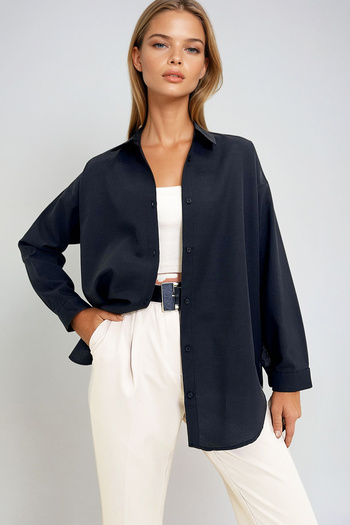 VAGGON Women's Black Oversize Long Woven Shirt Urtx6828