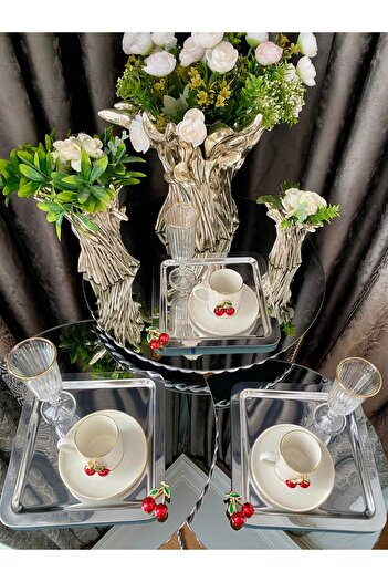 atabey home collection 6 Pcs Metal Casting Silver Tray - Coffee, Tea, Presentation Tray, with Cherry Accessories