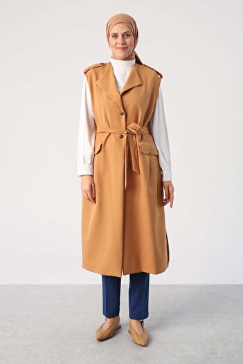 ALLDAY Mustard-Shoulder Epaulettes Belted Pocket Vest