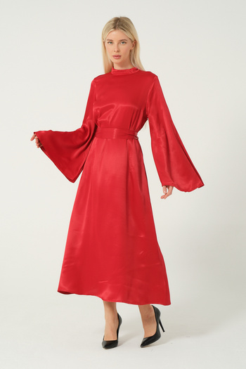 eva clothing Women's Satin Waist Belted Midi Dress 1234669 Eva-1