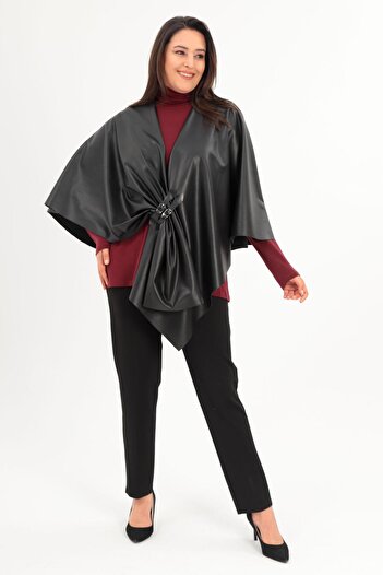 Trend42plus Black Shawl Poncho with Leather and Leather Buckle Detail