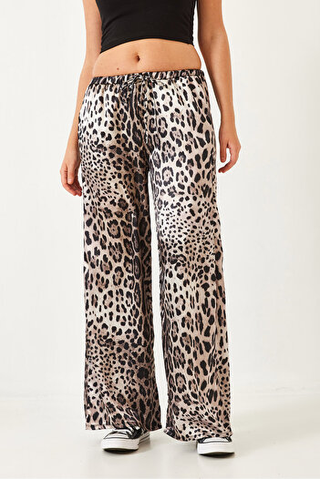 Bianco Lucci Women's Leopard Print Satin Palazzo Trousers with Elastic Waist 60261081