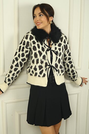 By Saygı Leopard Print Fur Collar Cardigan with Ribbon Lace on the Front