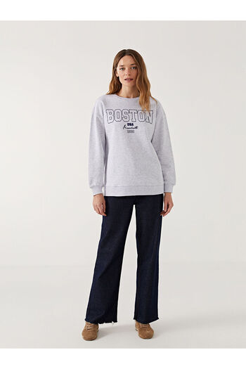 LC Waikiki Γυναικείο φούτερ LCW Modest White Crew Neck Boston με στάμπα τουνίκ