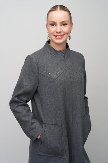 Olcay Stone Detailed Large Size Wool Blended Long Cap Anthracite 6634