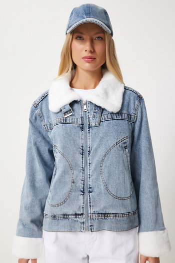 Happiness İstanbul Γυναικείο τζιν μπουφάν Blue Faux Fur - RV00201