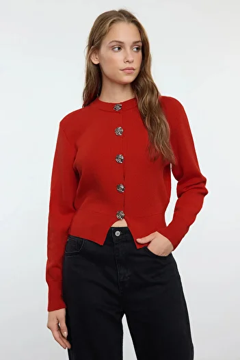 Trendyol Collection Dark Red Premium Yarn/Special Yarn Crop Rose Button Jacket Look Knitwear Cardigan Twoaw25Hi00110