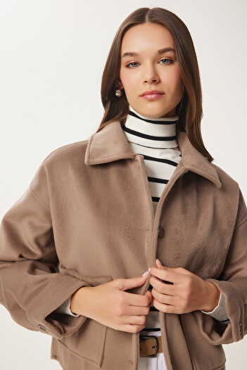 Happiness İstanbul Women's Mink Wide Pocket Soft Stamp Jacket Fn03445