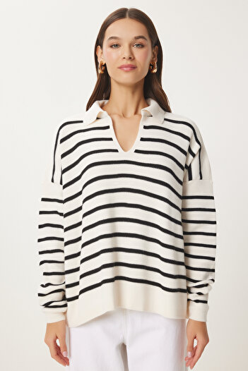 Happiness İstanbul Női Bone Polo galléros Crop Knit pulóver US00293