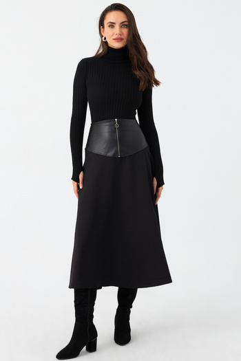 Cool & Modest Women's Black Faux Leather Bell Skirt - Mnh500