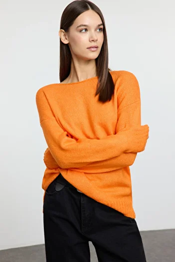 Trendyol Collection Pulover de bază din lână portocalie cu gât de barcă TWOAW25KZ00010