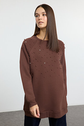 Trendyol Modest Φούτερ καφέ Raster με αξεσουάρ από πέτρα TCTAW25TW00002