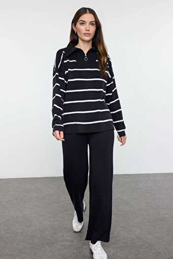 Trendyol Collection Navy Blue Wide Fit Zippered Knitwear Bottom-Top Suit Twoaw24Au00025