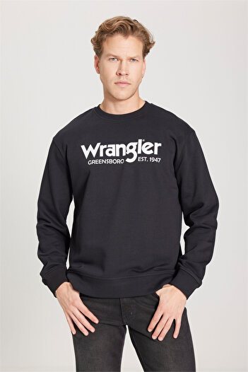 WRANGLER Regular Fit Regular Cut Crew Neck 100% Cotton Men's Black Logo Printed Sweatshirt