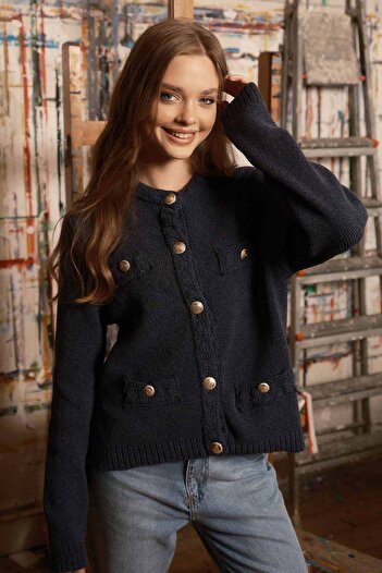 Hooopstore Boucle Textured Navy Blue Cardigan