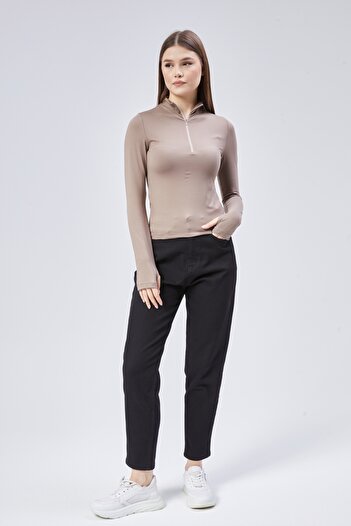 Maison La Femme Coffee Zipper Fitted Long Sleeve Blouse T-Shirt