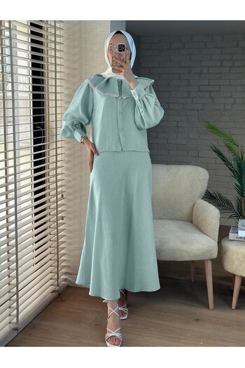 Modamorfo Lace Lettuce Collar Pure Linen Skirt Set - Aqua Green
