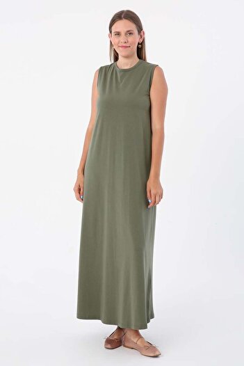 ALLDAY Khaki-Cotton Crew Neck Sleeveless Lingerie Dress