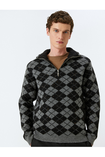 Koton Pulover din tricot cu jumătate de fermoar cu model Argyle