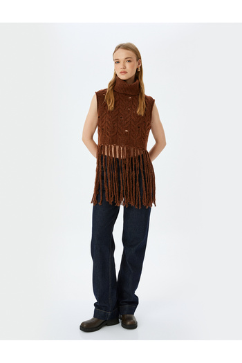 Koton Turtleneck Tassel Detailed Knitted Textured Sleeveless Sweater
