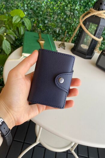 Modica Unisex Navy Blue Leather Mechanism Smart Wallet - Konk